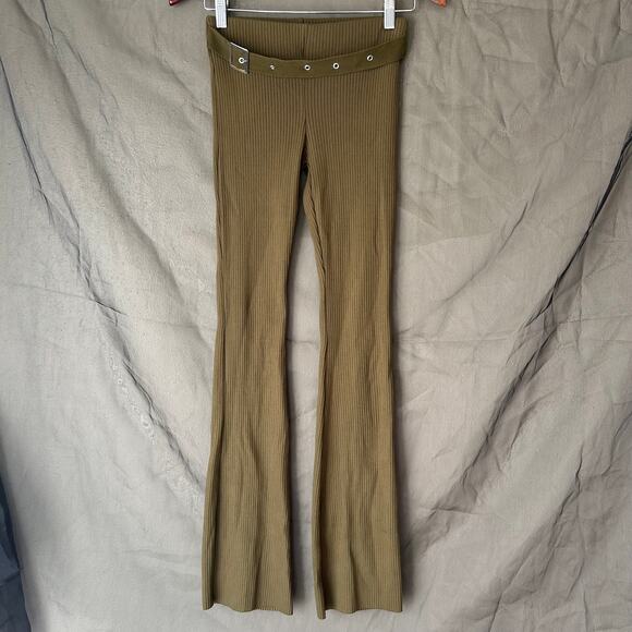 Zara Olive Green Ribbed Boot Cut Pants with Attached Waist Buckle Detail Size M - Picture 1 of 6